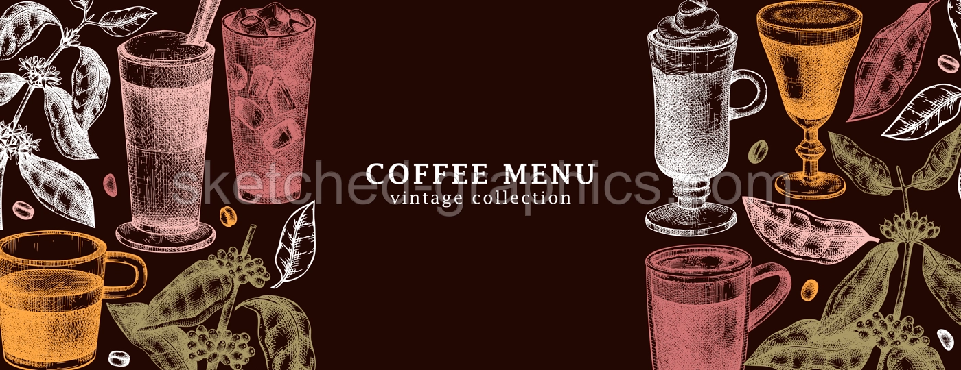 Coffee Banner Template With Botanical Mugs Illustration